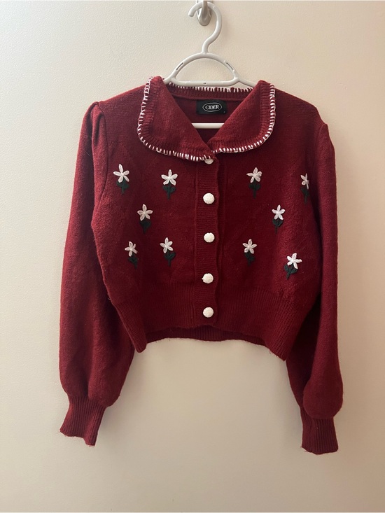 Cider Sweaters - Cider Burgundy Embroidered Floral Cardigan Sweater